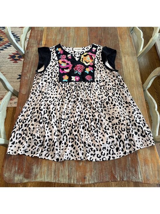 Savanna Jane Dresses & Skirts - Savanna Jane Mini Dress 2X Beige Black Leopard Floral Multicolor Embroidery Boho